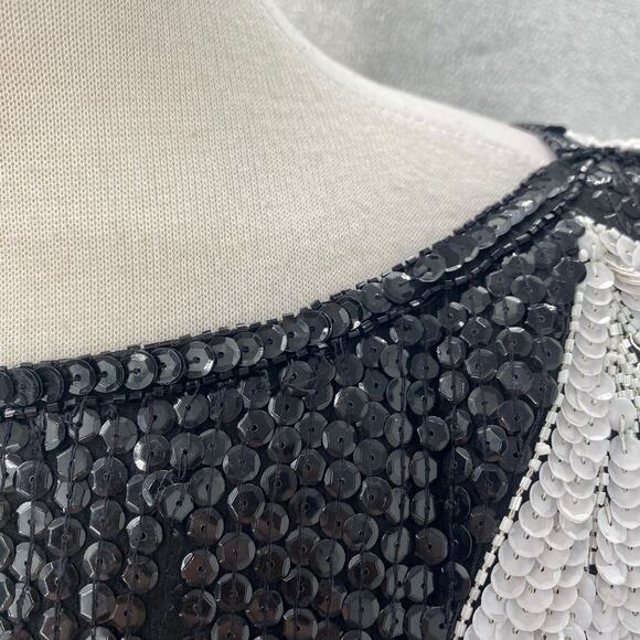 Vintage 80s Silk Beaded Sequined Evening Dress Asymmetric Black White Womens L - Picture 6 of 12